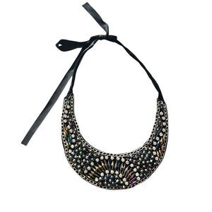 Vintage Beaded Rhinestones and Chains Bib Necklace Statement Glam Goth